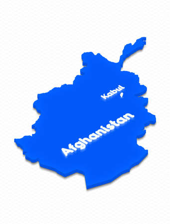 Illustration of a blue ground map of Afghanistan on grid background. Right 3D isometric perspective projection with the lighting name of country and capital Kabul.の写真素材