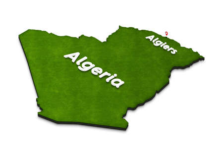Illustration of a green ground map of Algeria on white isolated background. Left 3D isometric perspective projection with the name of country and capital Algiers.の写真素材