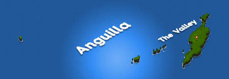 Illustration of a green ground map of Anguilla on water background. Right 3D isometric perspective projection with the name of country and capital The Valleyの写真素材