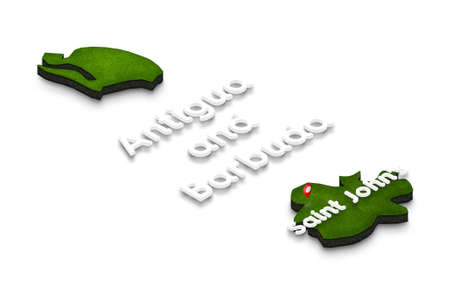 Illustration of a green ground map of Antigua and Barbuda on white isolated background. Right 3D isometric perspective projection with the name of country and capital Saint John'sの写真素材