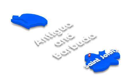 Illustration of a blue ground map of Antigua and Barbuda on white isolated background. Right 3D isometric perspective projection with the name of country and capital Saint John'sの写真素材