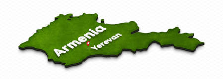 Illustration of a green ground map of Armenia on grid background. Right 3D isometric perspective projection with the name of country and capital Yerevan.の写真素材