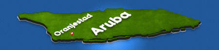 Illustration of a green ground map of Aruba on water background. Right 3D isometric perspective projection with the name of country and capital Oranjestad.の写真素材