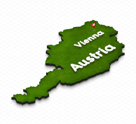 Illustration of a green ground map of Austria on grid background. Right 3D isometric perspective projection with the name of country and capital Vienna.の写真素材