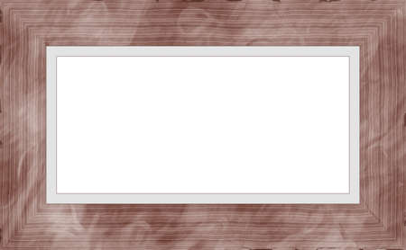 Dark brown decorative weathered wood photo painting picture frame with empty isolated filling. Golden ration proportion. Landscape orientation.の写真素材