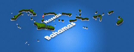 Illustration of a green ground map of Bahamas on water background. Right 3D isometric perspective projection with the name of country and capital Nassau.の写真素材