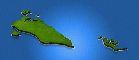 Illustration of a green ground map of Bahrain on water background. Right 3D isometric perspective projection.の写真素材