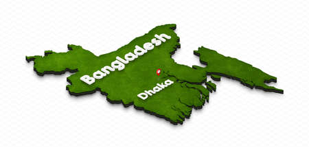 Illustration of a green ground map of Bangladesh on grid background. Right 3D isometric perspective projection with the name of country and capital Dhaka.の写真素材