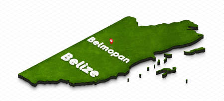 Illustration of a green ground map of Belize on grid background. Left 3D isometric perspective projection with the name of country and capital Belmopan.の写真素材