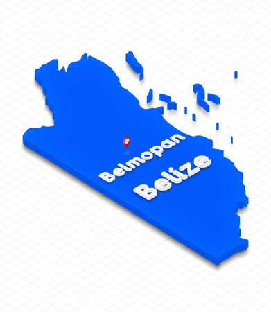 Illustration of a blue ground map of Belize on grid background. Right 3D isometric perspective projection with the name of country and capital Belmopan.の写真素材