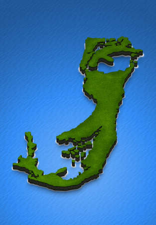 Illustration of a green ground map of Bermuda on water background. Right 3D isometric perspective projection.の写真素材