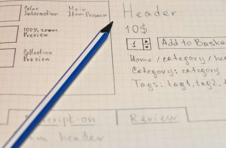 Online shop single page prototyping sketch with blue pencil. Website planning concept.