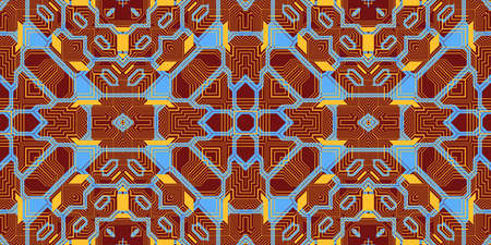 Light Brown Sky Blue Seamless Techno Lines Pattern. Futuristic Geometry Background. Laser Technical...