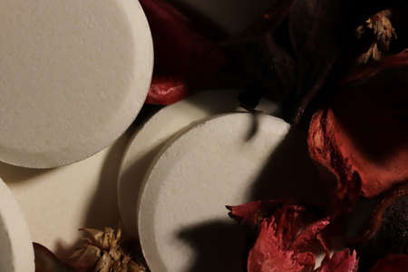 Medicine Tablets with Dry Flowers. Pharmacy Pills Background. Macro Closeup.