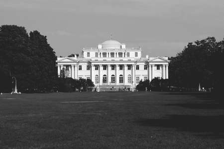 Facade of a Elaginostrovsky Palace Museum. Black and White. Elagin island. Saint-Petersburg.のeditorial素材