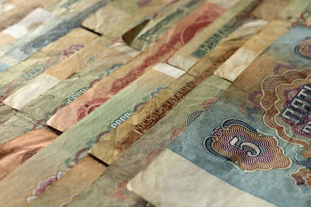 Old Russian cash filling background. Rubles wealth financial backdrop. Soviet earning pattern. Money banknotes texture.の写真素材