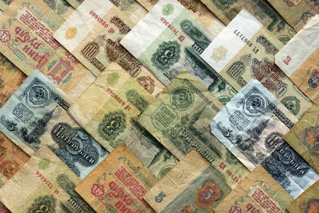 Old Russian earning pattern. Rubles money banknotes texture. Soviet cash filling background. Wealth financial backdrop.の写真素材