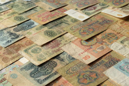 Old Russian money banknotes texture. Rubles cash filling background. Soviet wealth financial backdrop. Earning pattern.の写真素材