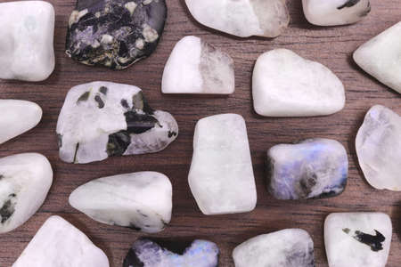Moon stone heap jewel on half white light texture. Pile mineral pebbles background. Place for text.の写真素材