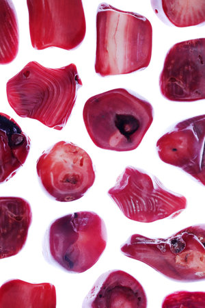 Red coral jewel stone texture on white light isolated background. Macro closeup.の写真素材
