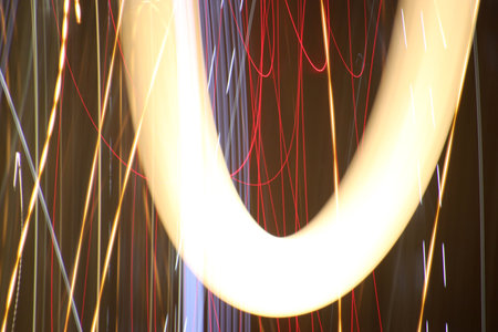 Night exposure zoom traces background. Light lines leaks exposure backdrop. Night city rays glow.