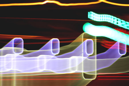 Light lines leak exposition background. Night city rays glow backdrop. Night exposure zoom trace...