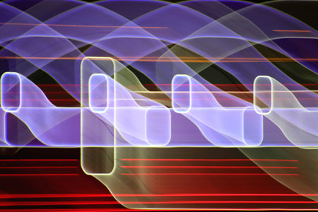 Light lines leak exposition background. Night city rays glow backdrop. Night exposure zoom trace...