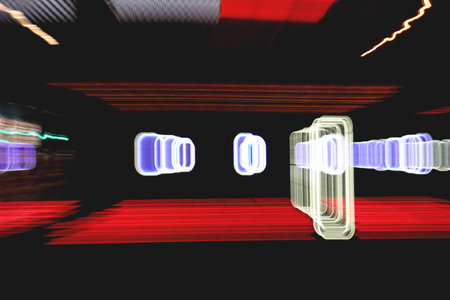 Night exposure zoom traces background. Light lines leaks exposure backdrop. Night city rays glow texture.の写真素材