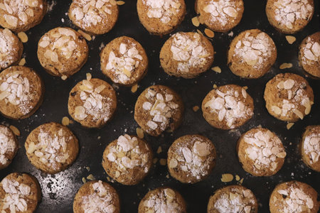 Cookies with almond flakes sprinkled with powdered sugar are baked in the oven pattern