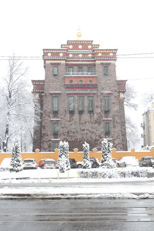 Datsan Gunzechoyney - Buddhist traditional sangha of Russia. Snowy winter background.の写真素材