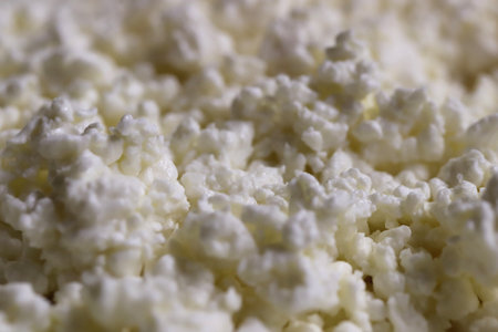 Fresh crumbly homemade cottage cheese. Homemade food background.の写真素材
