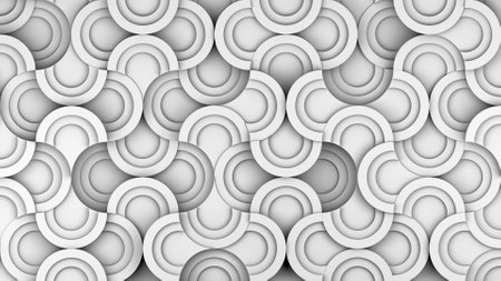 Convex white circles geometric tile background. Bulging rings half digital mosaic pattern. Creative 3d graphic design wall.の写真素材