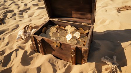 Broken treasure box with pirate gold coins buried in the desert sand fantasy background. Money concept.の写真素材