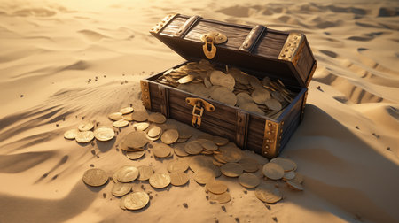 Old treasure case with gold coins buried in the dune sand fantasy background. Wealth concept.