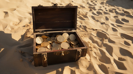 Open box with pirate gold coins buried in the desert sand fantasy background. Money concept.の写真素材