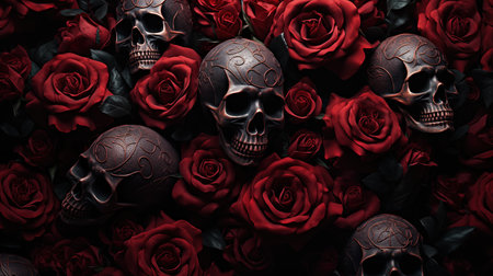 A dark, gothic-themed image featuring several intricately designed skulls surrounded by vibrant red roses.の写真素材