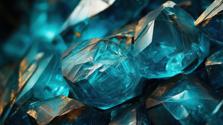 Close-up of vibrant blue crystals with intricate facets and textures, reflecting light.の写真素材