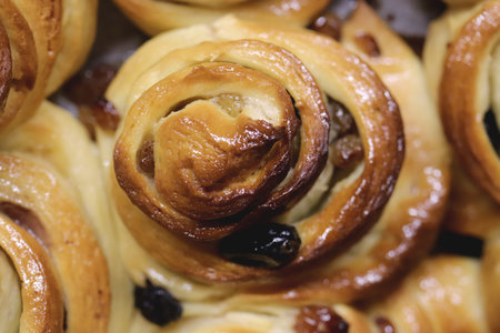 Close-up of freshly baked cinnamon rolls with raisins.の写真素材
