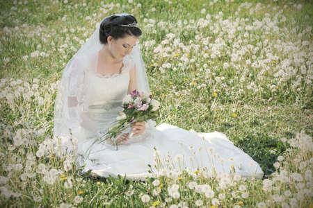 Wedding Series: Bride Sitting on the land in the Park with Dandelionsの写真素材