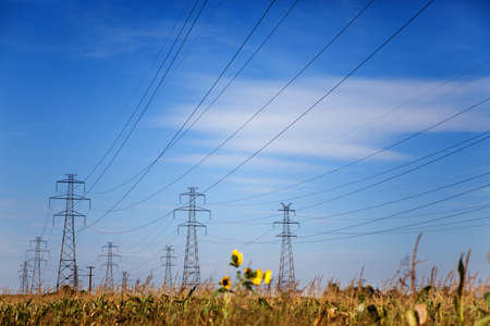 Landscape of Power Line of the Electric Wires at the Blue Skyの写真素材