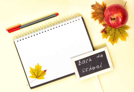 Back to School Conceptl: Red Felt Pen, Note Book, Red Apple and Mapple Leaf on the Yellow Backgroundの写真素材
