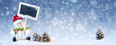 Christmas Concept: Cute Snowman Sitting with Black Board and Pine Cones on the Blue and White Background with Snowの写真素材