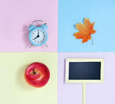 Back to School Conceptl: Red Apple, Little Blackboard, Maple Leaf and Alarm Clock in Sky Blue, Yellow, Pink and Lilac Colors.の写真素材