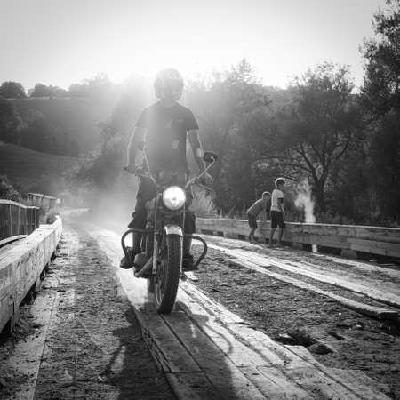 31th July 2021. Russia Altay, biker on motorbike on roadのeditorial素材