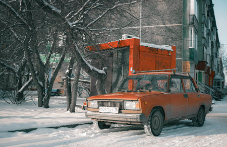 17th of November 2021, Russia, Tomsk, old soviet car on streetのeditorial素材