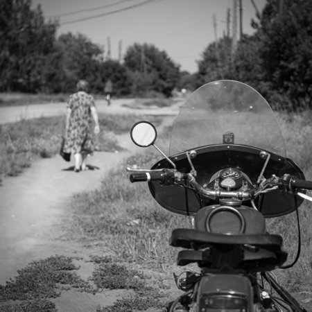 18th of July 2020, Russia, Altay, vintage motobike with back view mirrorのeditorial素材