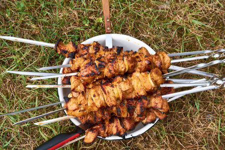 lots of meat on skewers hot shashlik on the grill High quality photoの写真素材