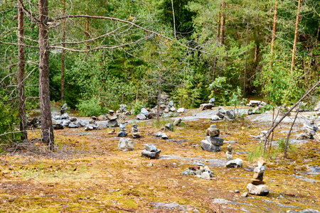 pyramids made of marble stones in the forestの写真素材