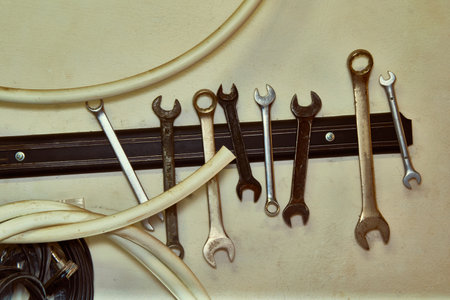 Wall mounted storage for wrenches and tools. High quality photoの写真素材