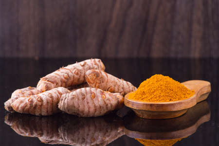 Turmeric powder and rootsの写真素材